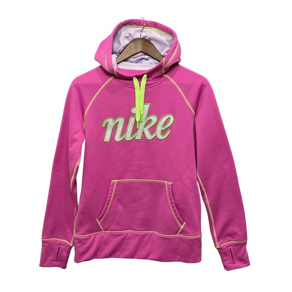 Nike Tops - Nike Therma-Fit Script Pullover Hoodie Pink Neon Green Thumbholes M